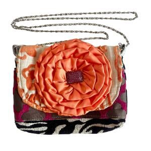 Lola Blue Small Shoulder Bag Carpet Tapestry Flower & Rhinestone Embellishments